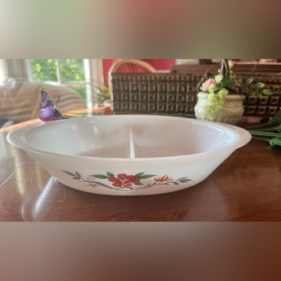 Vintage Glasbake Divided Serving Dish Pink Red Painted Flowers J-2352 RARE - Picture 8 of 9